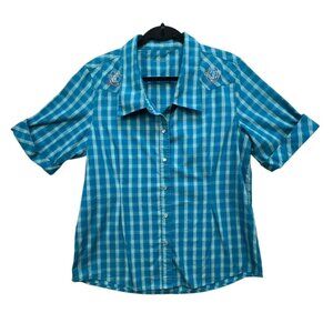 Bit & Bridle Womens Button-Up Short Sleeve Shirt L Blue Plaid Embroidered Accent